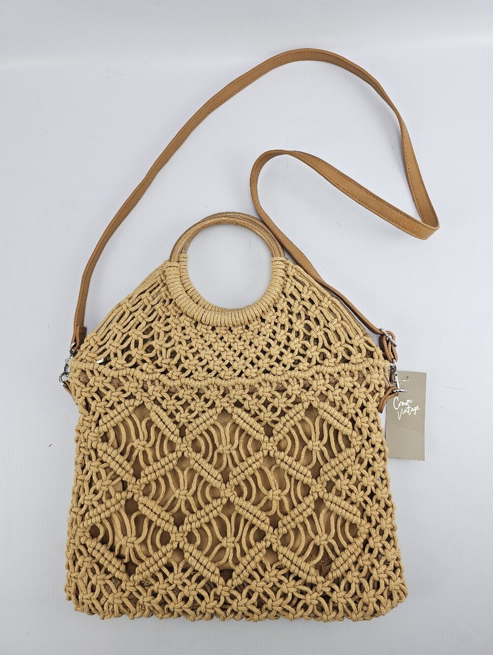 Crown Vintage Macrame Open- knit Ring Crossbody Bag Brown